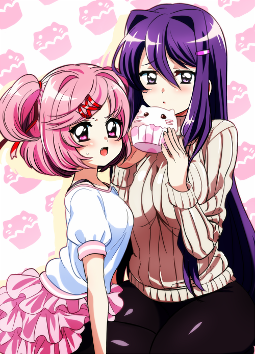 2girls, breasts, cupcake, doki_doki_literature_club, fang, food, hair_between_eyes, hair_ornament