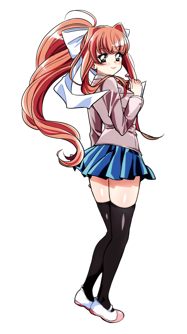 1girl, black_legwear, blue_skirt, brown_hair, doki_doki_literature_club, eyebrows_visible_through_hair, full_body, green_eyes
