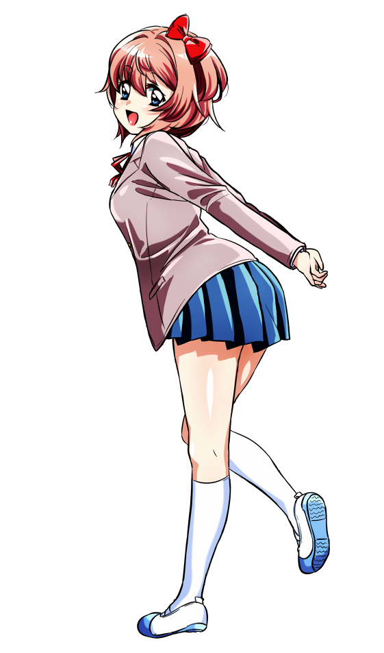 1girl, :d, arms_behind_back, blue_eyes, blue_skirt, bow, doki_doki_literature_club, full_body