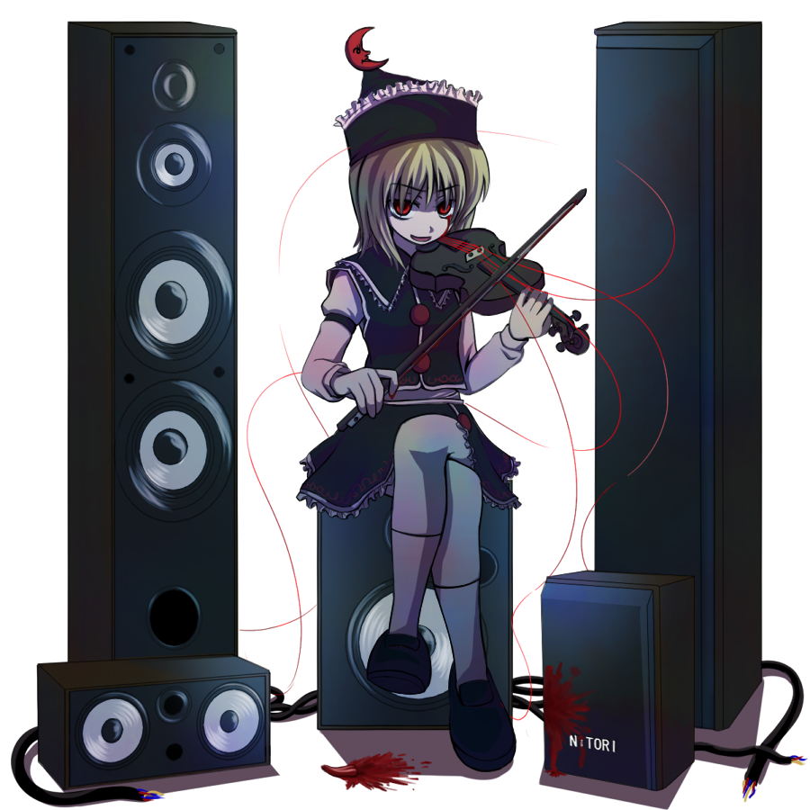 blood, bow_(instrument), cable, chourui, hat, instrument, lunasa_prismriver, red_eyes