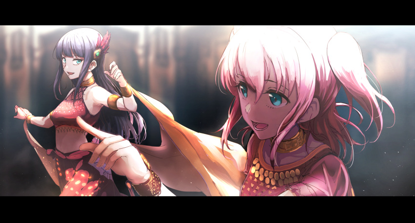 2girls, :d, absurdres, arabian_clothes, armlet, bangs, black_hair, blurry