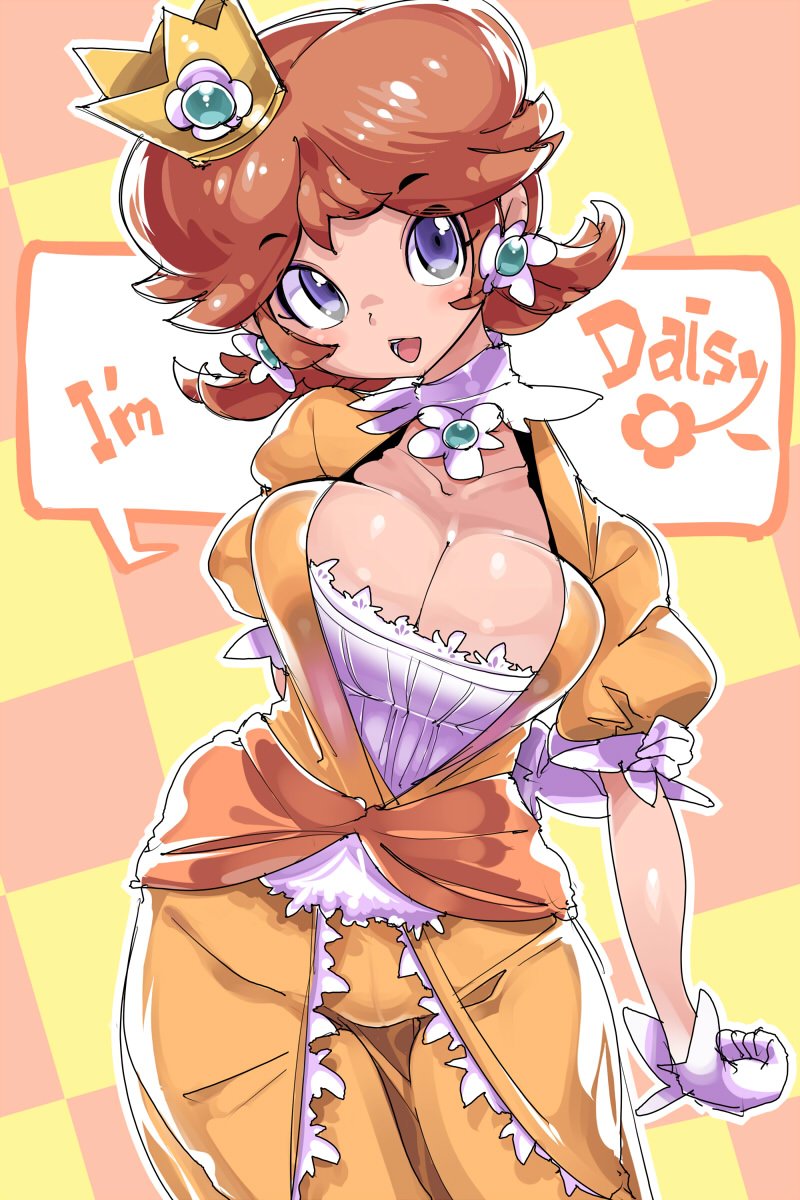 1girl, blue_eyes, breasts, bursting_breasts, character_name, checkered, checkered_background, chris_(mario)