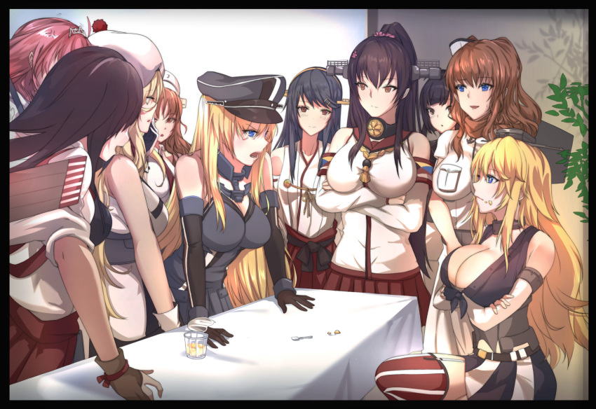 6+girls, akagi_(kantai_collection), akizuki_(kantai_collection), antiqq, ark_royal_(kantai_collection), bare_shoulders, beret, bismarck_(kantai_collection)