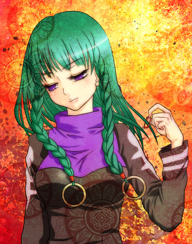1girl, bangs, blush, braid, breasts, denkosekka_aa, eyebrows_visible_through_hair, green_hair