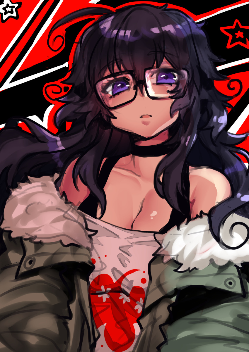1girl, absurdres, ahoge, bare_shoulders, black-framed_eyewear, black_bra, black_choker, bra