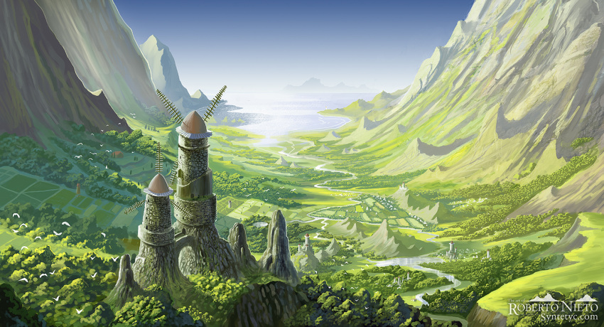 artist_name, bird, castle, day, field, forest, kaze_no_tani_no_nausicaa, mountain