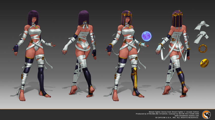 1girl, alternate_costume, ass, back, bandage, black_nails, capcom, character_sheet, concept_art, crystal_ball, green_hair, grey_background, highres, kevin_glint, looking_at_viewer, menat, multiple_views, nail_polish, official_art, purple_hair, purple_nails, serious, street_fighter, street_fighter_v, thigh-highs, tiara, toeless_legwear, toenail_polish