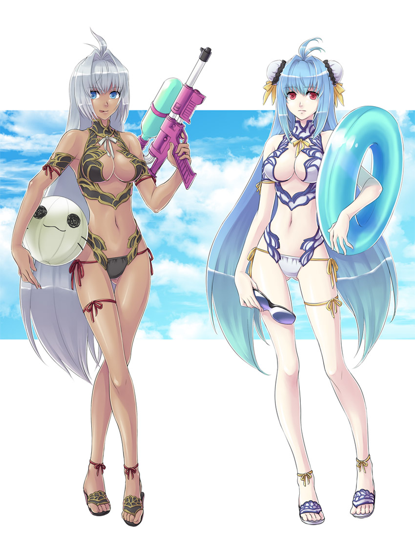 2girls, alternate_costume, android, blue_eyes, blue_hair, breasts, cleavage, commentary_request