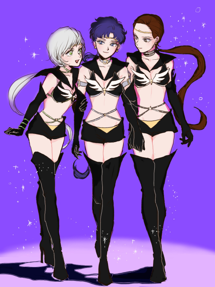 3girls, absurdres, bishoujo_senshi_sailor_moon, choker, highres, long_hair, low_ponytail, multiple_girls, nora_kokoko, ponytail, sailor_star_fighter, sailor_star_healer, sailor_star_maker, seiya_kou, taiki_kou, yaten_kou