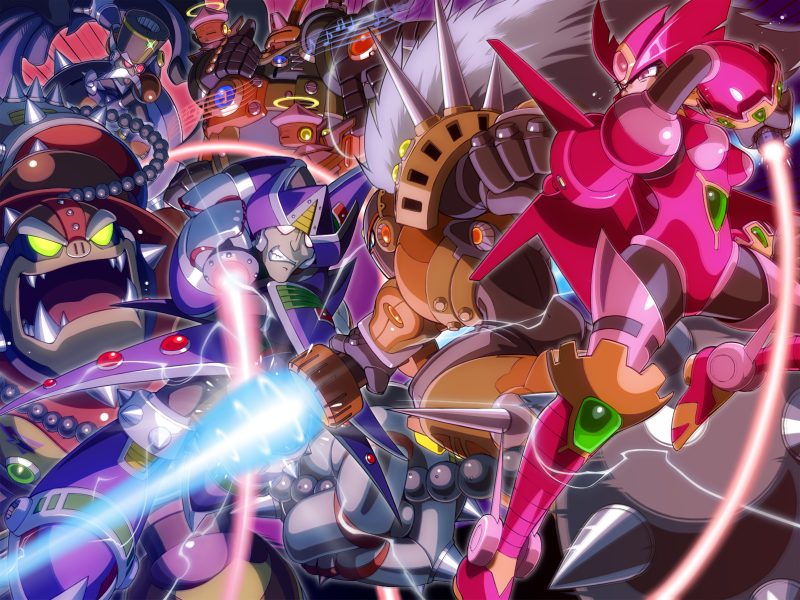 1girl, 5boys, agile_(rockman_x), android, armor, borock, breasts, clenched_teeth, commentary_request, energy_blade, energy_sword, energy_whip, fangs, ferham, fighting, flail, glowing, glowing_eyes, helmet, holding, holding_weapon, jumping, medium_breasts, morning_star, multiple_boys, music, musical_note, napo, open_mouth, power_armor, red_eyes, robot, rockman, rockman_x, rockman_x2, rockman_x_command_mission, sage_(rockman_x), scarface_(rockman_x), shoulder_spikes, spikes, sword, sword_clash, teeth, violen, violet_eyes, weapon, whip, white_eyes, yellow_eyes
