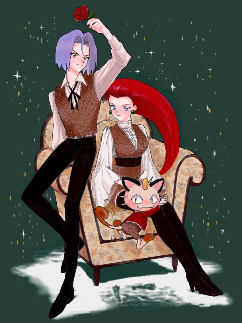 1boy, 1girl, absurdres, alternate_costume, black_pants, chair, closed_mouth, earrings