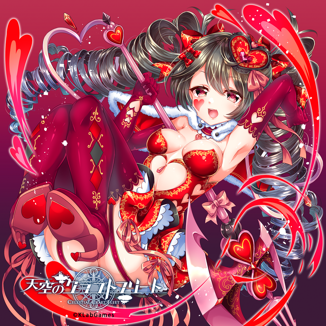 1girl, :d, armpits, arms_up, ass, axe, bad_anatomy, breasts, brown_hair, cleavage, drill_hair, elbow_gloves, facial_tattoo, full_body, garter_straps, gloves, hair_ornament, heart, heart_hair_ornament, heart_tattoo, high_heels, holding, holding_axe, long_hair, looking_at_viewer, maroon_background, maroon_gloves, maroon_legwear, medium_breasts, midriff, official_art, open_mouth, pink_eyes, red_background, smile, solo, tattoo, teltelhousi, tenkuu_no_craft_fleet, thigh-highs, twin_drills, very_long_hair, watermark