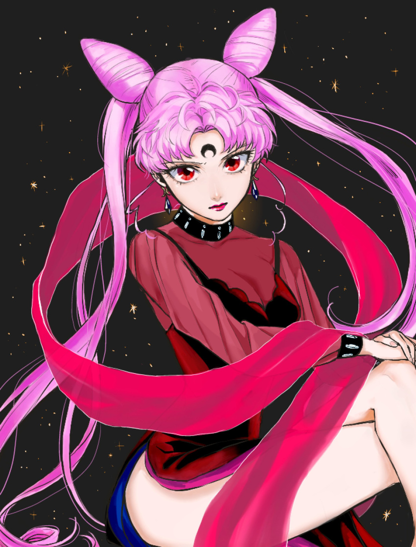 1girl, absurdres, bangs, bare_legs, bishoujo_senshi_sailor_moon, black_background, black_lady, chibi_usa, closed_mouth, crystal_earrings, double_bun, dress, earrings, facial_mark, forehead_mark, hands_together, highres, jewelry, legs_crossed, lipstick, long_hair, long_sleeves, makeup, nora_kokoko, older, parted_bangs, pink_hair, pink_lips, red_dress, red_eyes, shawl, side_slit, solo, twintails, very_long_hair