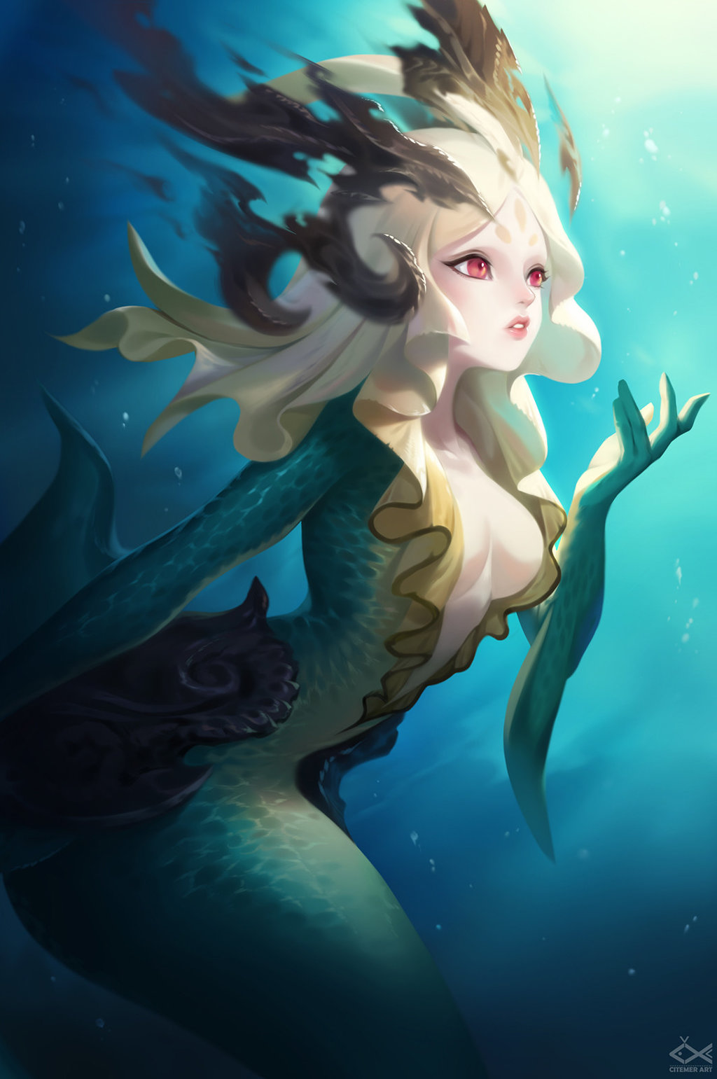 1girl, blonde_hair, breasts, broken_helmet, center_opening, citemer, cleavage, fish_tail, headgear, highres, league_of_legends, medium_breasts, mermaid, monster_girl, nami_(league_of_legends), red_eyes, scales, tagme, tail, underwater