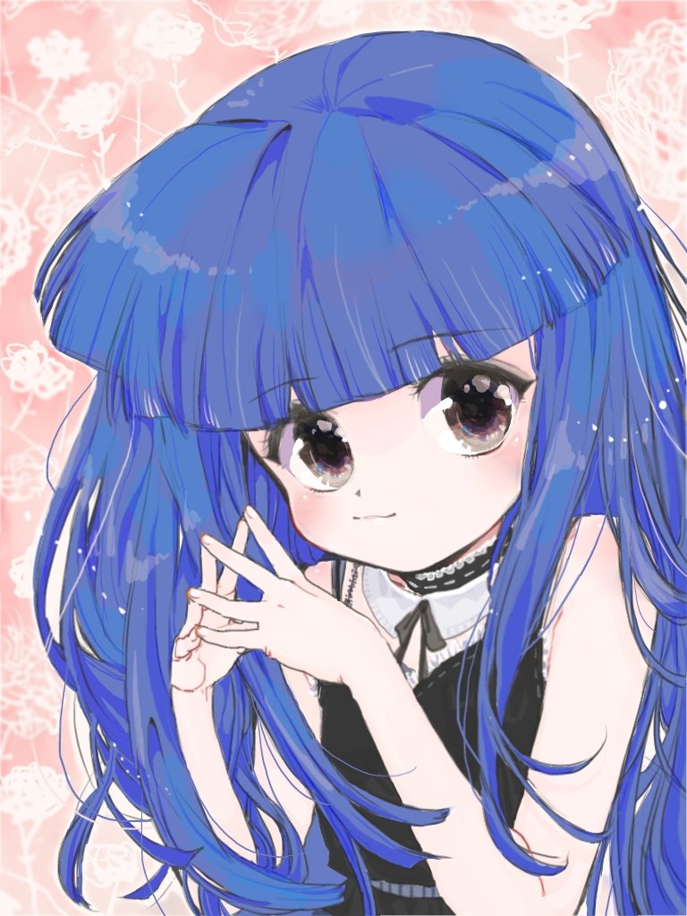 1girl, bangs, bare_shoulders, big_hair, blue_hair, blunt_bangs, brown_eyes, closed_mouth