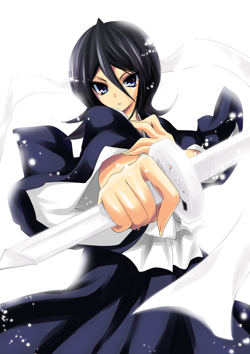 1girl, black_hair, bleach, blue_eyes, commentary_request, hair_between_eyes, kuchiki_rukia, sanshoku_amido