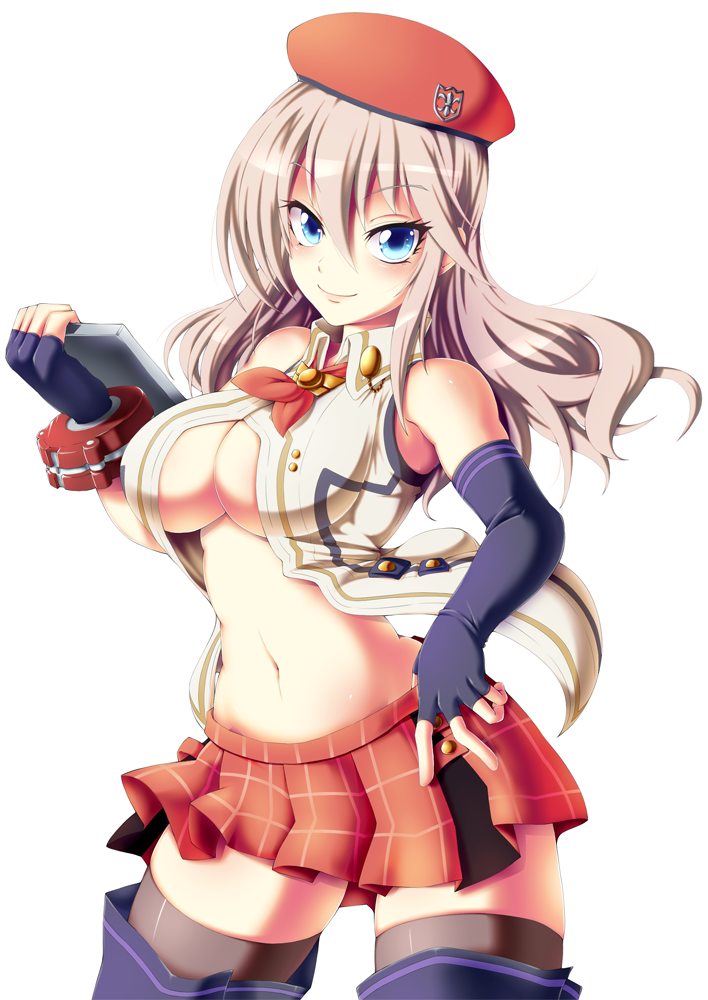 1girl, alisa_ilinichina_amiella, bare_shoulders, blue_eyes, breasts, cowboy_shot, elbow_gloves, fingerless_gloves, gloves, god_eater, hair_between_eyes, hand_on_hip, hat, large_breasts, long_hair, midriff, navel, plaid, plaid_skirt, red_hat, revealing_clothes, semikichi, skirt, solo, suspender_skirt, suspenders, thigh-highs, under_boob, zettai_ryouiki