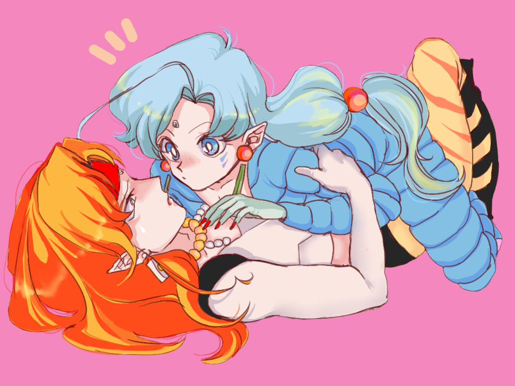 2boys, androgynous, bishoujo_senshi_sailor_moon, blonde_hair, blue_eyes, blue_hair, blush, bodysuit
