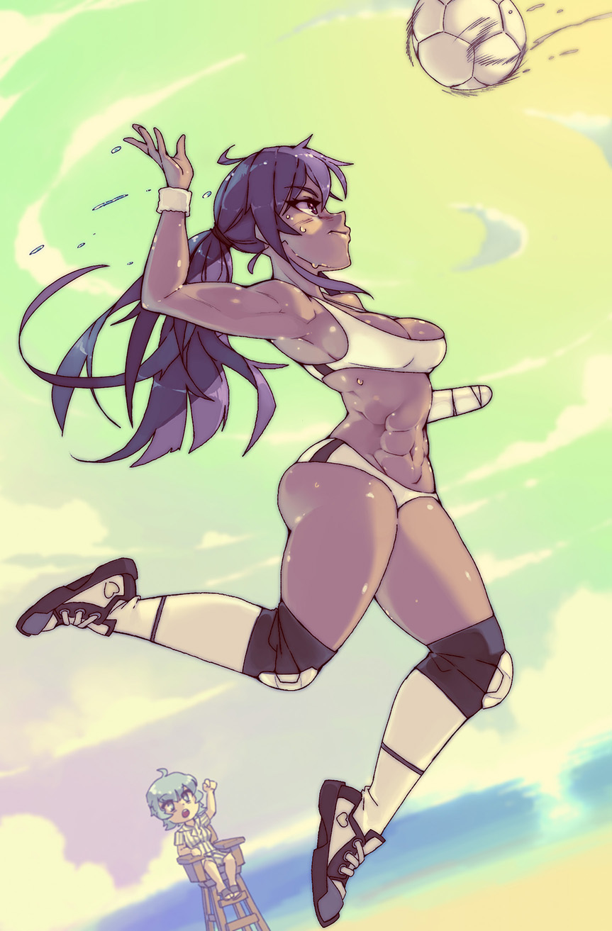 2girls, abs, amputee, armpits, bandage, bandaged_arm, biceps, black_hair, blue_hair, breasts, cleavage, commentary, dark_skin, dutch_angle, english_commentary, highres, jumping, katawa_shoujo, knee_pads, long_hair, looking_at_viewer, medium_breasts, miura_miki, multiple_girls, muscle, muscular_female, navel, ocean, over-kneehighs, playing_sports, rtil, shoes, short_shorts, shorts, sneakers, solo_focus, sport, sports_bra, suzuki_suzu, sweat, thigh-highs, umpire, umpire_chair, very_dark_skin, violet_eyes, volleyball, wristband