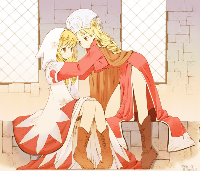 b.tarou, bakuhatsu_tarou, blonde_hair, boots, braid, brown_eyes, cape, final_fantasy
