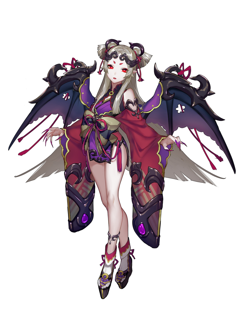 1girl, absurdres, bare_shoulders, commentary_request, demon_girl, demon_wings, fingernails, flat_chest