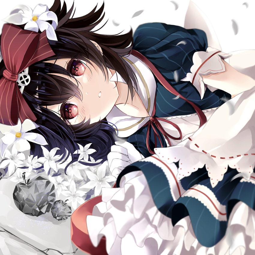 1girl, black_hair, blue_dress, blush, bow, collared_dress, commentary_request, dress