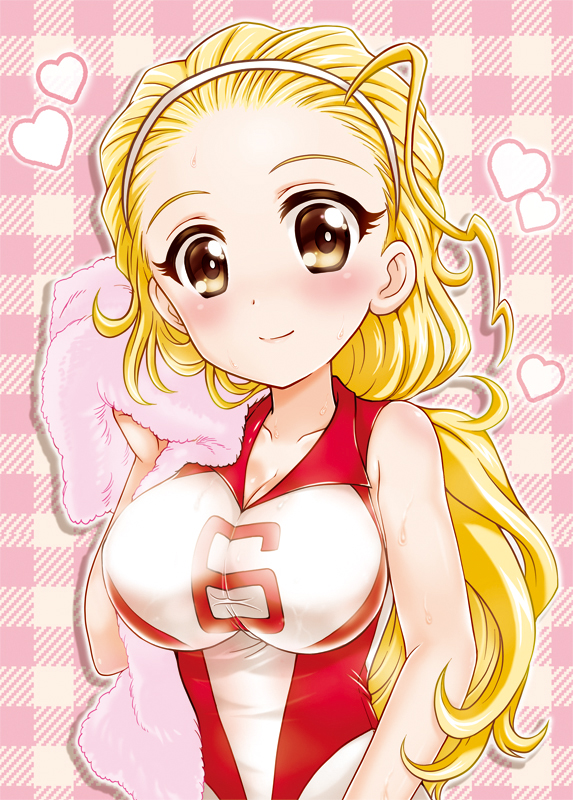 1girl, blonde_hair, breasts, brown_eyes, burafu, checkered, checkered_background, cleavage