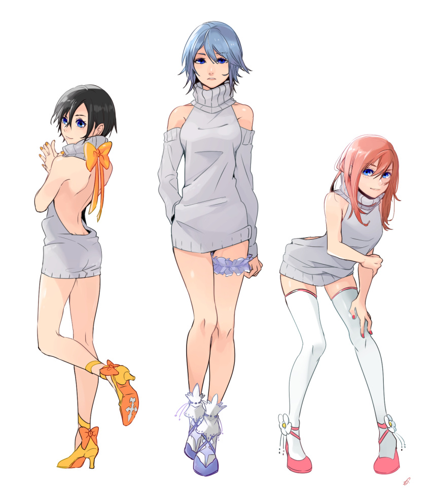 3girls, aqua_(kingdom_hearts), backless_outfit, bangs, bare_shoulders, blue_eyes, blue_footwear, blue_hair