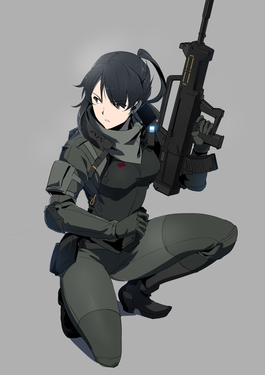 1girl, absurdres, black_hair, bodysuit, brown_eyes, earpiece, gun, highres