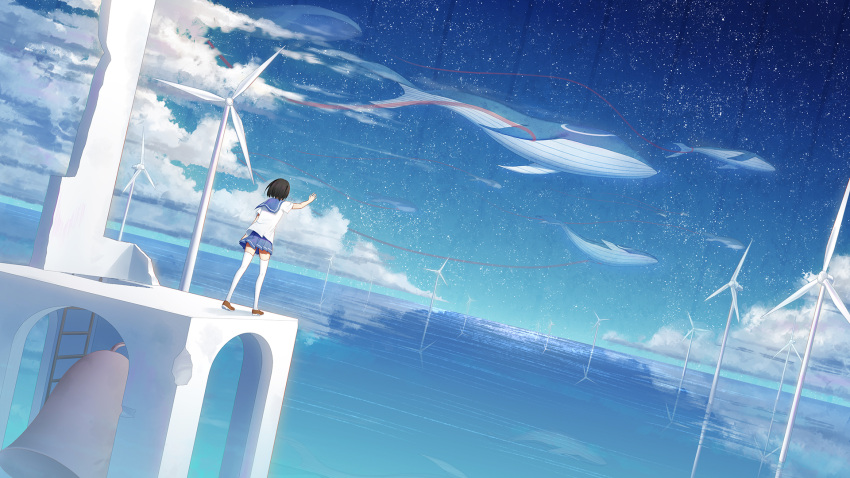 1girl, bell, bell_tower, black_hair, blue_sailor_collar, blue_skirt, church_bell, clouds