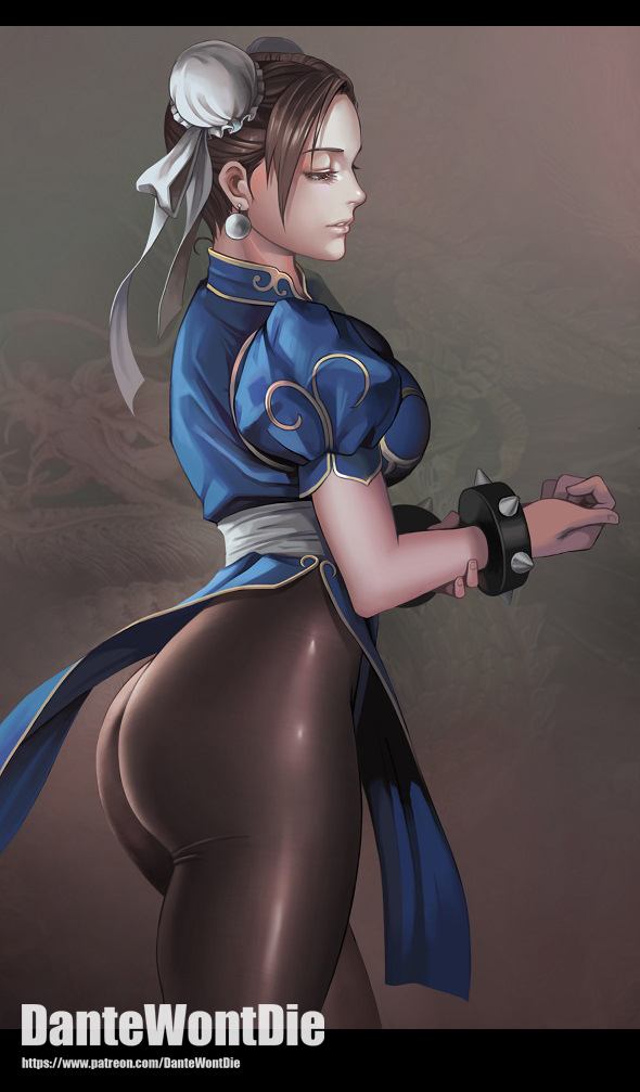 1girl, artist_name, ass, bangs, bracelet, breasts, brown_hair, chinese_clothes, chun-li, commentary_request, double_bun, dragon, earrings, fingernails, from_side, jewelry, large_breasts, pantyhose, parted_bangs, parted_lips, patreon_username, pelvic_curtain, puffy_short_sleeves, puffy_sleeves, shiny, shiny_clothes, short_sleeves, simple_background, solo, spiked_bracelet, spikes, street_fighter, thighs, yinan_cui