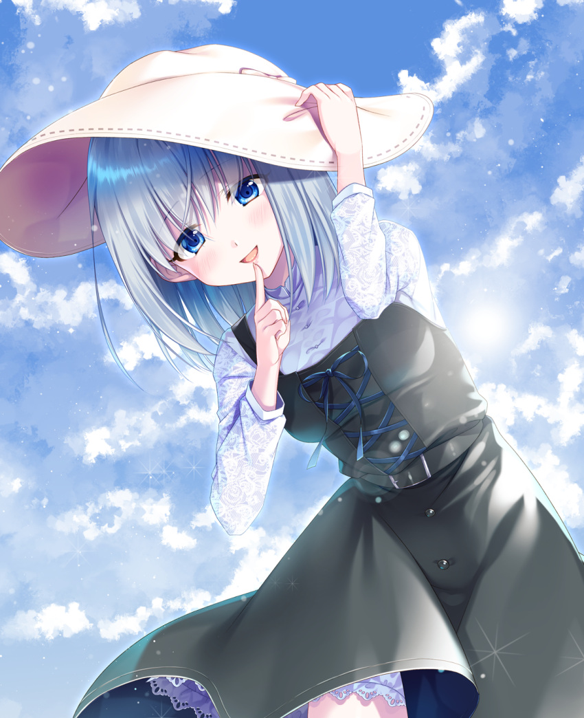 1girl, :d, black_dress, blue_eyes, blue_ribbon, blue_sky, clouds, day