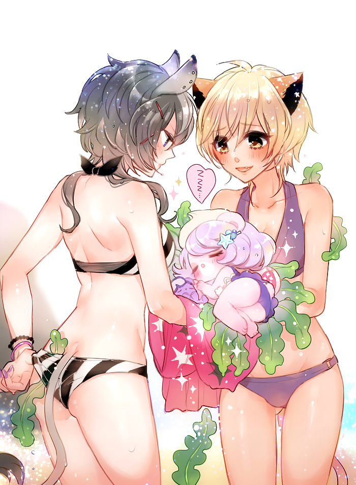 3girls, :d, :o, adjusting_clothes, animal_ears, ass, back, bikini