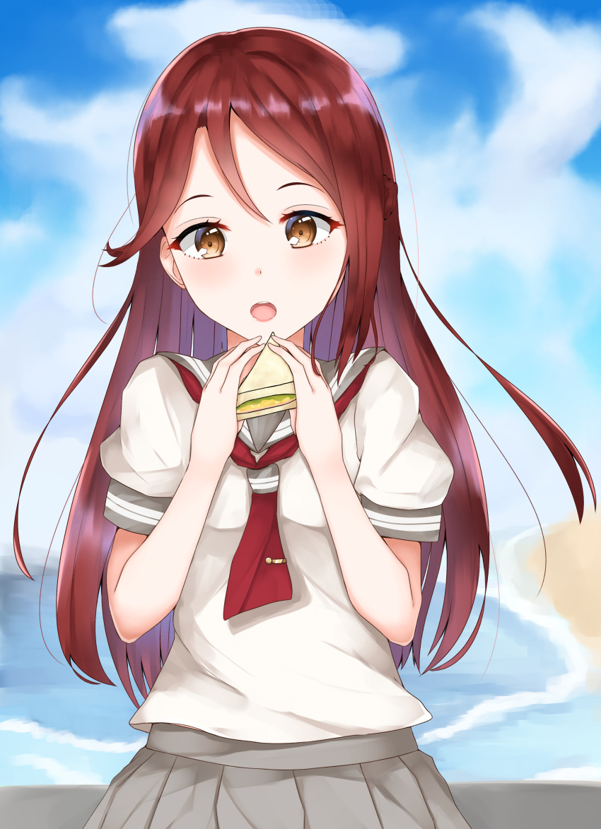 1girl, absurdres, ayase_chisato_(ay_c1), blue_sky, brown_eyes, clouds, day, floating_hair