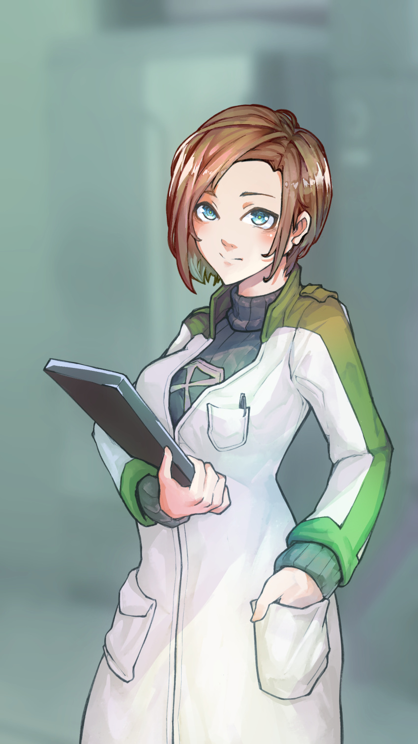 1girl, absurdres, blue_eyes, brown_hair, commentary, english_commentary, hand_in_pocket, highres
