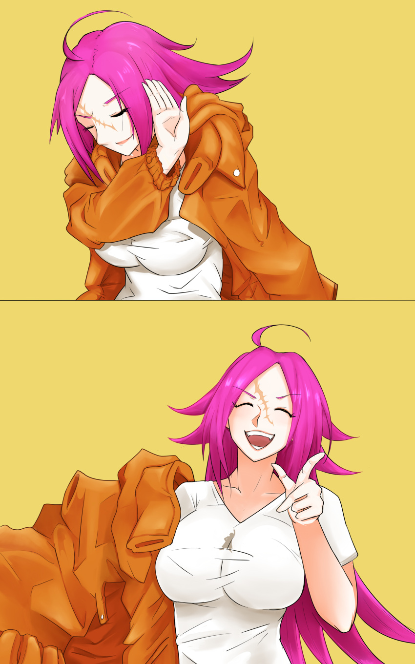 1girl, :d, absurdres, ahoge, artificialdyslexia, breasts, closed_eyes, commentary