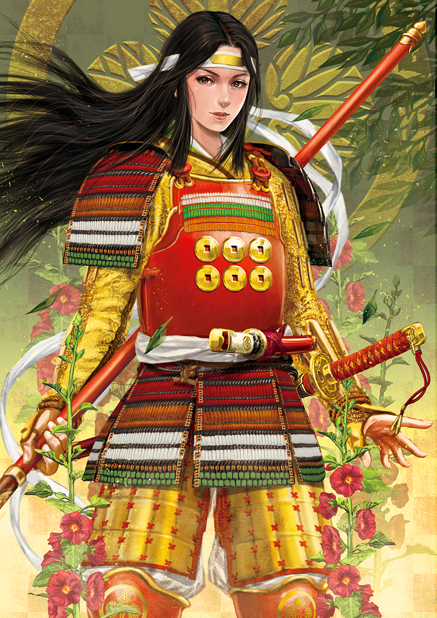 armor, black_hair, brown_eyes, flower, highres, holding, holding_spear, holding_weapon