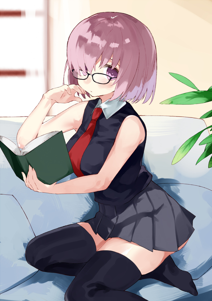 1girl, bare_arms, bare_shoulders, black-framed_eyewear, black_legwear, black_shirt, blurry, blurry_background