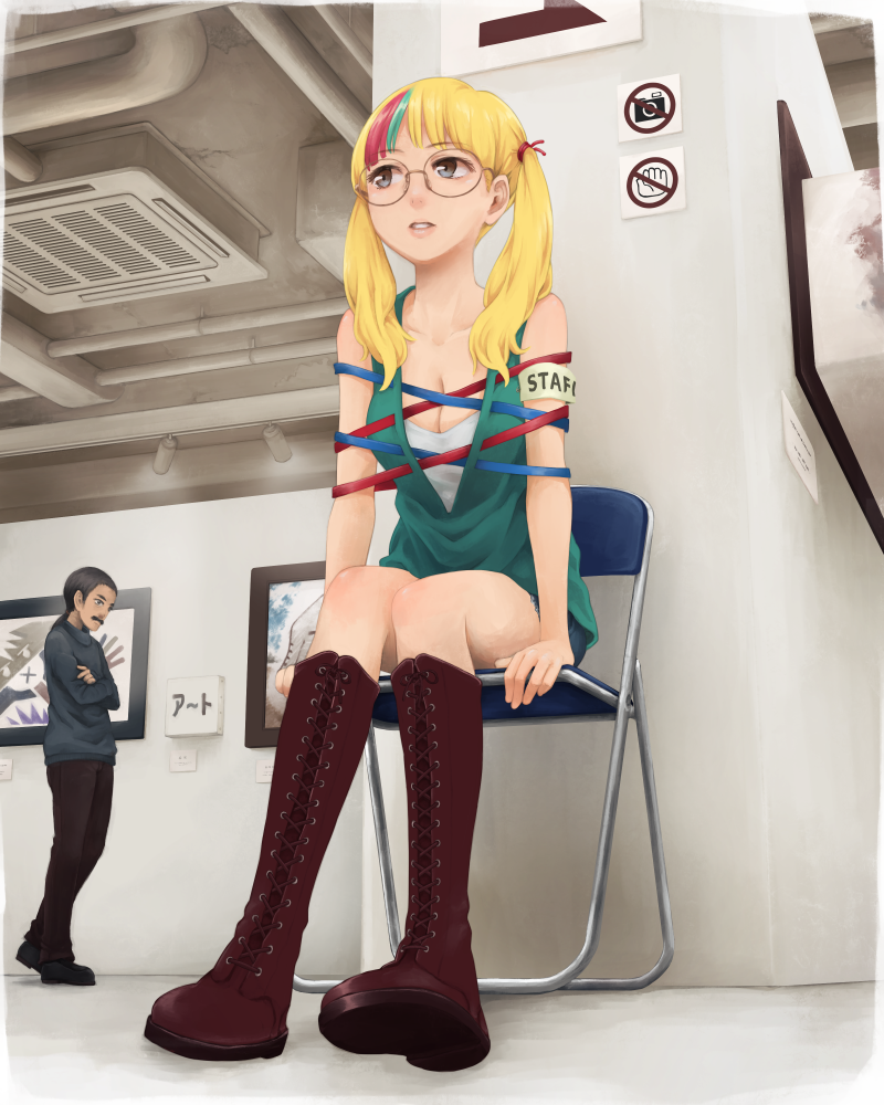 1boy, 1girl, art_gallery, bare_shoulders, blonde_hair, boots, breasts, brown_footwear
