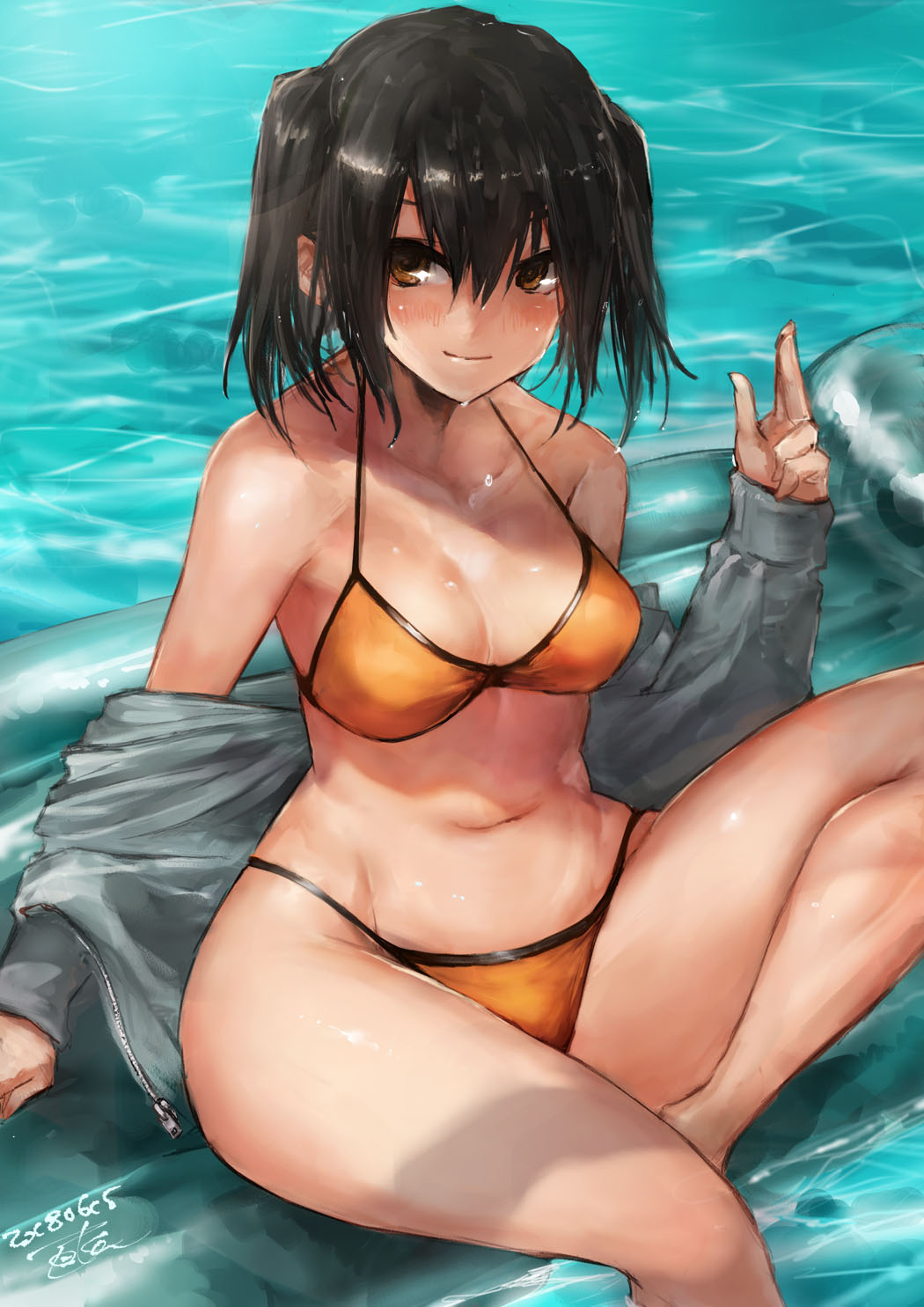 1girl, alternate_costume, bikini, breasts, brown_eyes, cowboy_shot, grey_jacket, highres