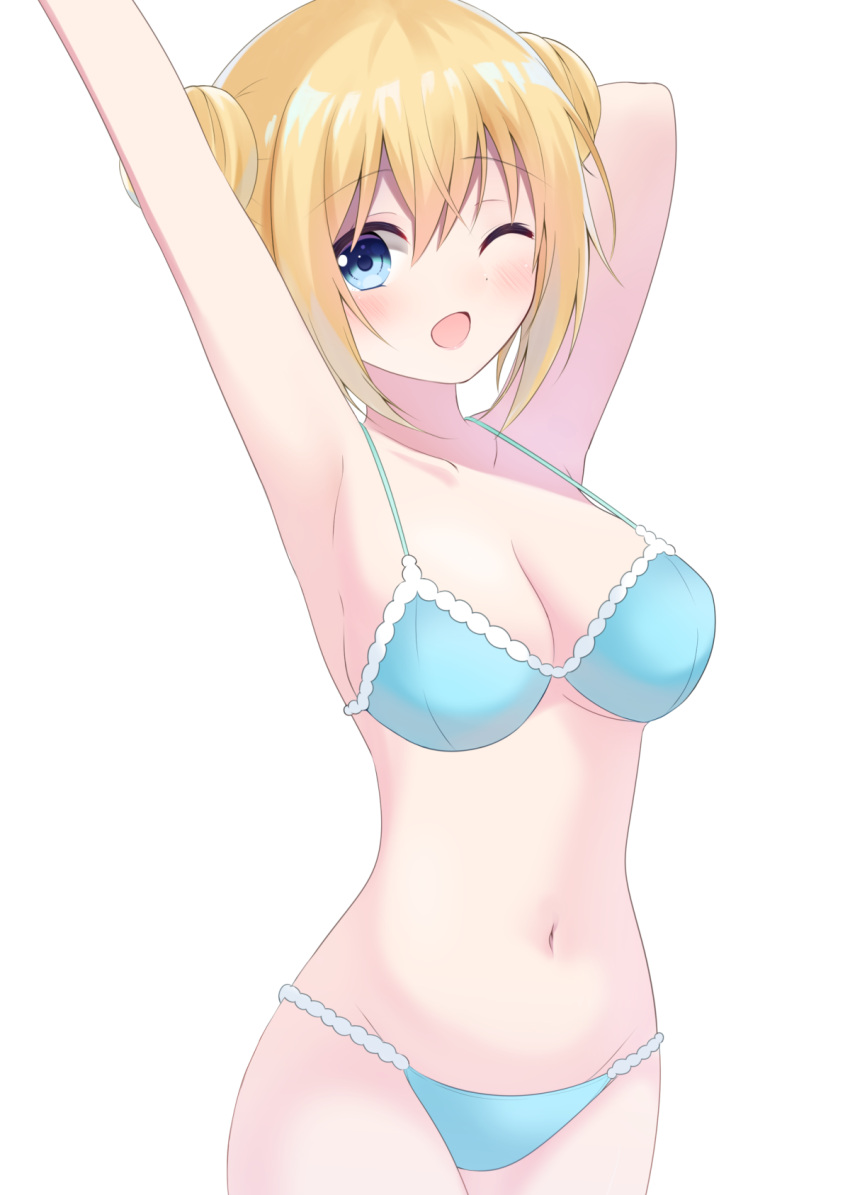 1girl, arm_behind_head, arms_up, belly_button, bikini, blend_s, blonde_hair, blue_bikini