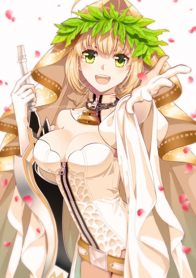 1girl, :d, aestus_estus, ahoge, artist_name, bare_shoulders, belt, blonde_hair