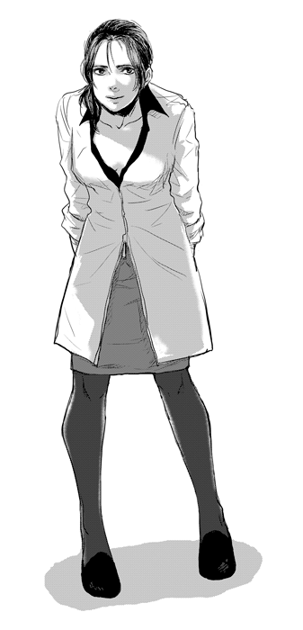 aurum, doctor, metal_gear_solid, metal_gear_solid_4, monochrome, naomi_hunter, pantyhose, scientist