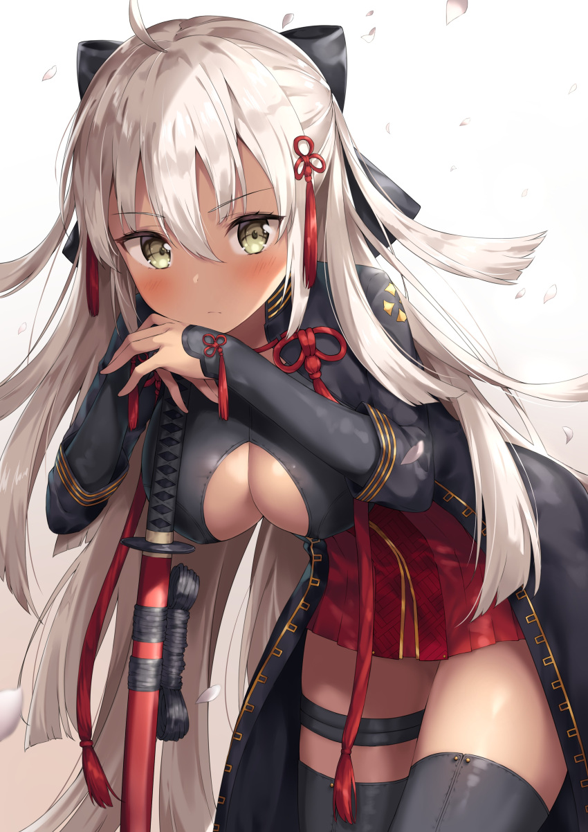 1girl, absurdres, ahoge, ale_nqki, black_bow, black_legwear, blush, bow