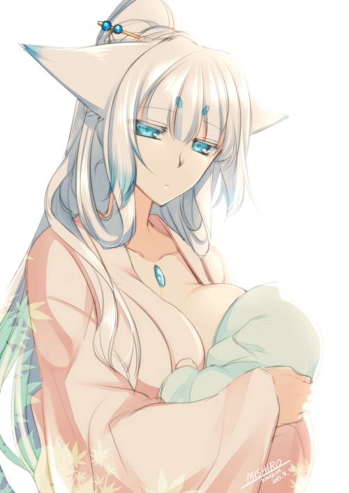 1girl, animal_ears, baby, blue_eyes, breast_feeding, breasts, dated, fox_ears