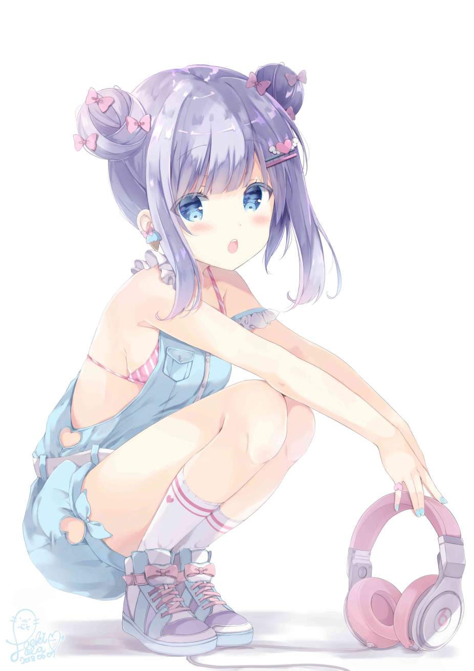 1girl, :o, armband, blue_eyes, blue_nails, blush, bow, commentary_request