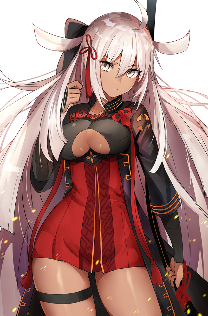1girl, ahoge, black_bow, black_coat, bow, breasts, cleavage, cleavage_cutout