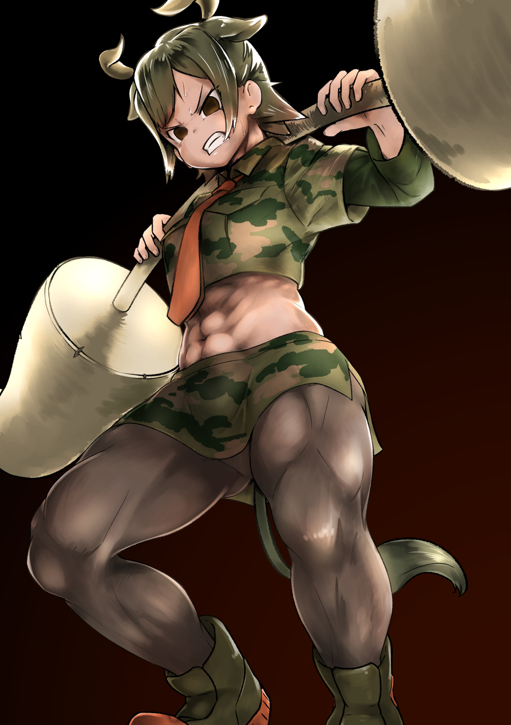1girl, abs, animal_ears, aurochs_(kemono_friends), bangs, black_legwear, brown_eyes, brown_hair, camouflage, camouflage_shirt, camouflage_skirt, charnoe, clenched_teeth, collared_shirt, commentary_request, crop_top, cropped_shirt, dark_skin, empty_eyes, extra_ears, from_below, full_body, gluteal_fold, green_footwear, green_hair, green_shirt, green_skirt, hands_up, highres, horns, kemono_friends, lifting, long_sleeves, looking_down, midriff, miniskirt, multicolored_hair, muscle, muscular_female, navel, necktie, oryx_ears, oryx_tail, pantyhose, parted_bangs, red_neckwear, shirt, shoes, short_hair, short_over_long_sleeves, short_sleeves, side_slit, skirt, solo, standing, stomach, tail, teeth, thick_thighs, thighs, two-tone_hair, upskirt, v-shaped_eyebrows, weightlifting, weights, wing_collar