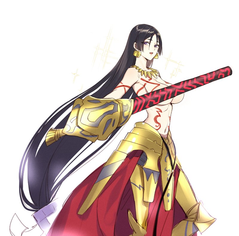 1girl, :d, black_hair, breasts, convenient_censoring, cosplay, ea_(fate/stay_night), fate/grand_order, fate_(series), faulds, gilgamesh, gilgamesh_(cosplay), greaves, holding, kangetsu_(fhalei), large_breasts, lock, lock_earrings, long_hair, looking_at_viewer, low-tied_long_hair, minamoto_no_raikou_(fate/grand_order), open_mouth, simple_background, smile, solo, standing, tattoo, topless, very_long_hair, violet_eyes, waist_cape, white_background