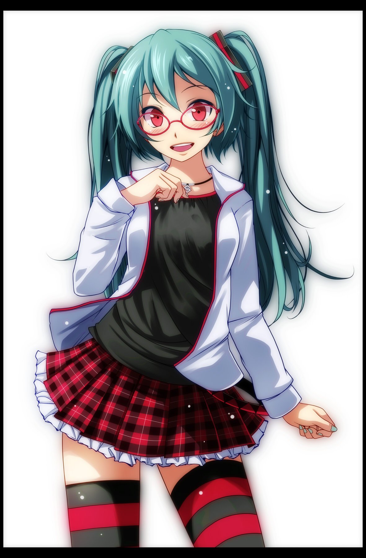 1girl, :d, aqua_hair, bespectacled, black_legwear, black_shirt, blush, clenched_hand